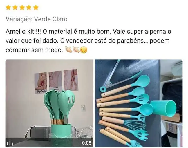 Depoimento kit de utensílios de silicone verde claro